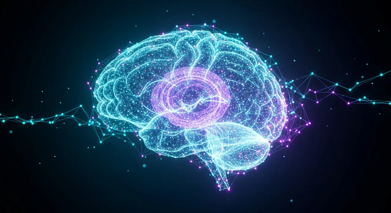Ilustração de um cérebro neural luminoso com sinapses de luz em ciano e roxo, representando o modelo de IA