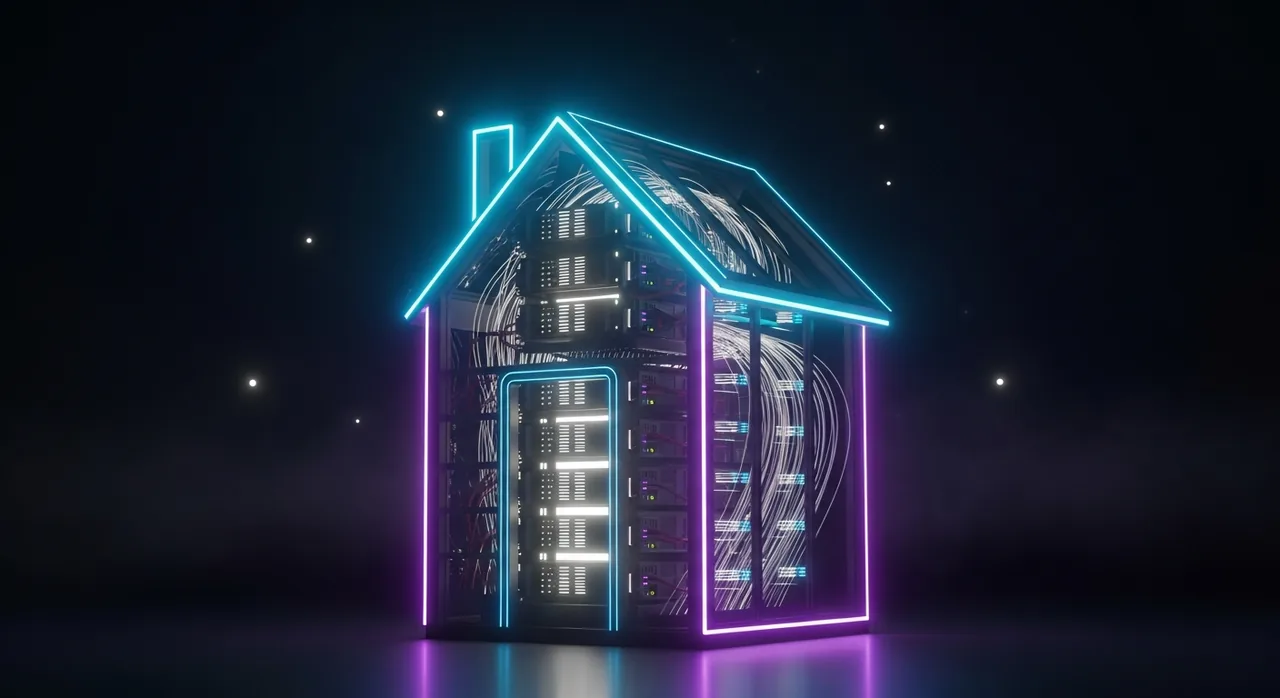 Ilustração de um servidor dedicado em forma de casa, com contornos em néon ciano e roxo