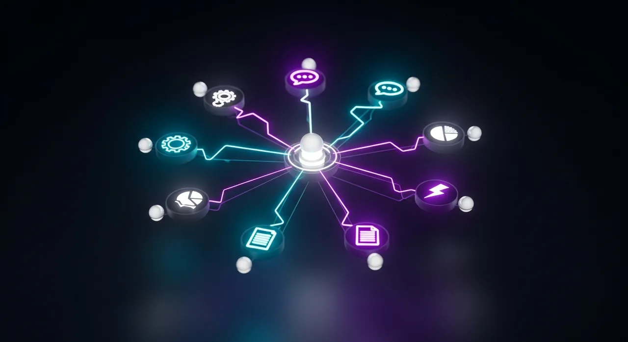 Ilustração de uma constelação de ferramentas conectadas por linhas de luz em ciano e roxo, representando as skills
